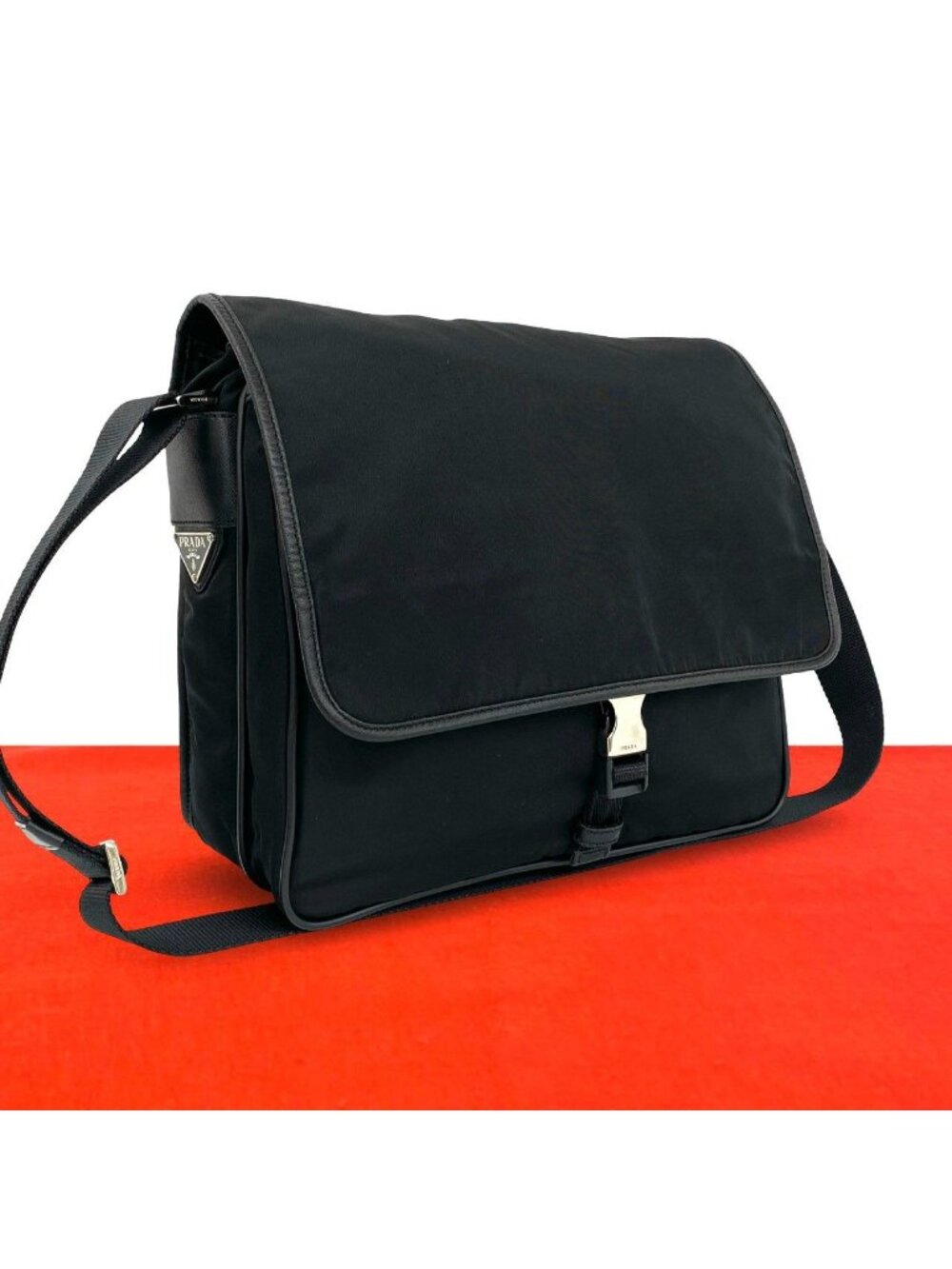 Prada Triangle Logo Tessuto Pocono Nylon Saffiano Leather Shoulder Bag Black